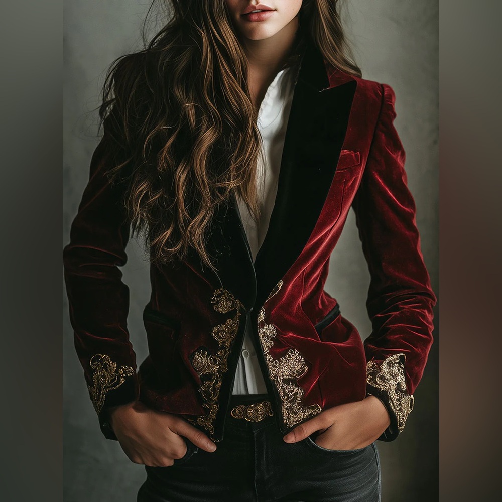 Elegant Black Collar Burgundy Gold Luxury Embroidered Velvet Blazer Medium NEW